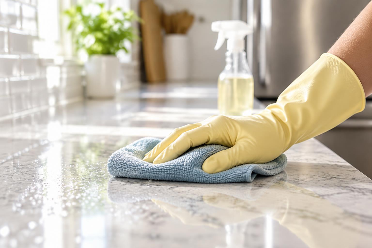 Gloved hands wiping down a kitchen counter during a clean