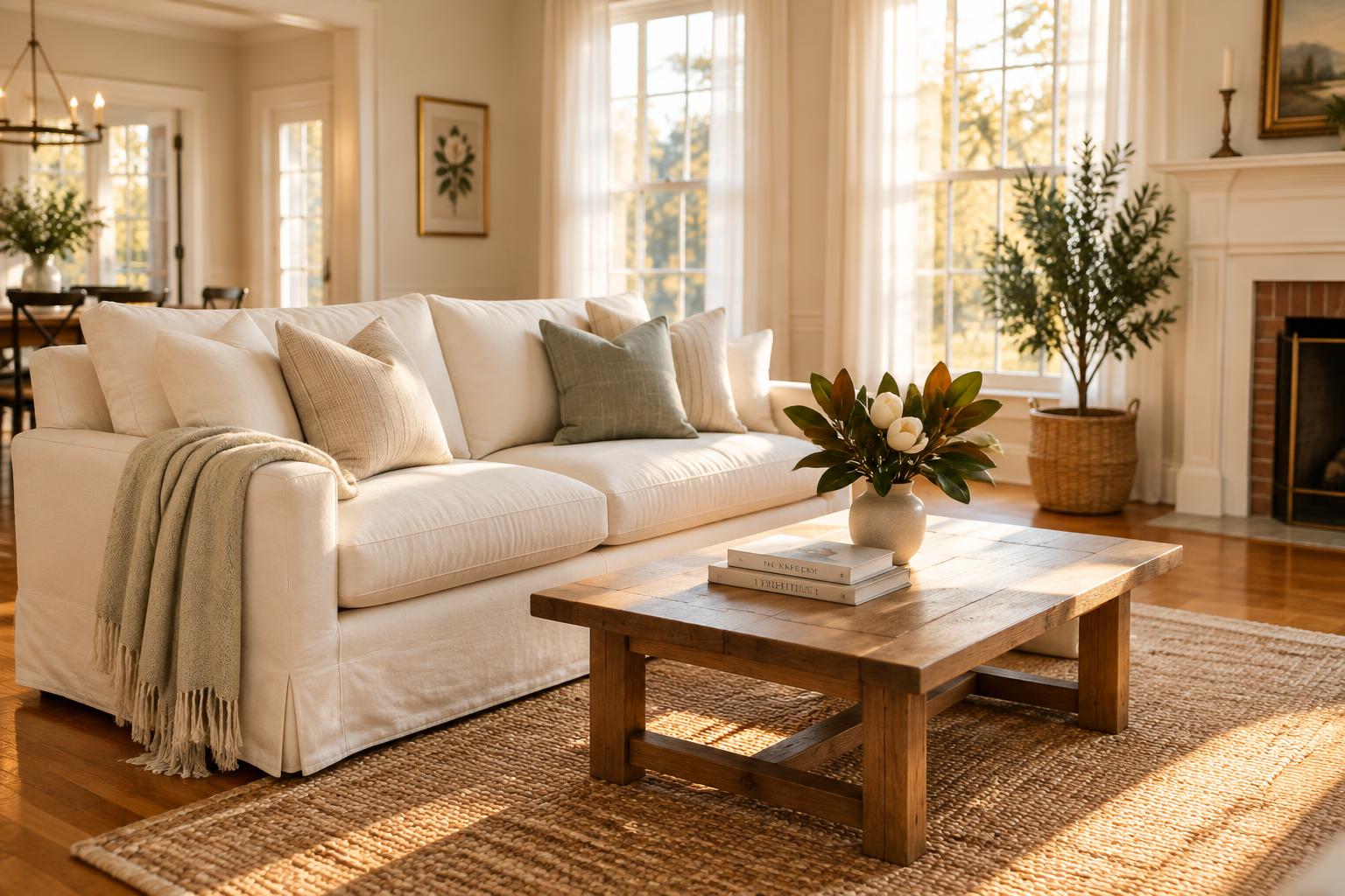 A clean, sunlit short-term rental living room with fresh linens and tidy surfaces
